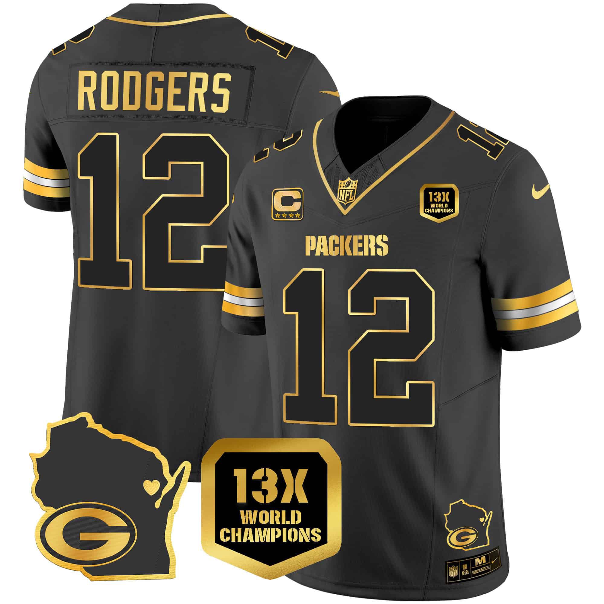 Men Green Bay Packers #12 Rodgers Black Gold 2024 Nike World Champions Home Patch Vapor NFL Jersey style 2